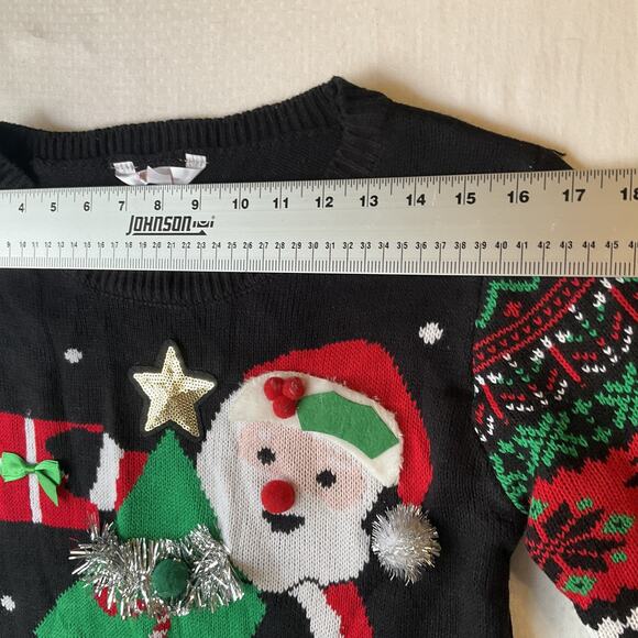 No Boundaries Women Sweatshirt M (7-9) Black Fair Isle Santa Christmas Tree - Picture 9 of 10